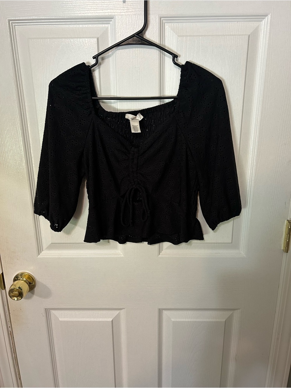 Women's Black Eyelet Tie-Front Crop Top